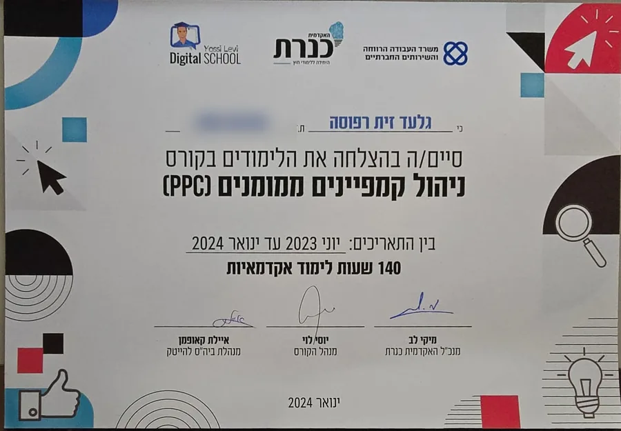 תעודת סיום קורס ניהול קמפיינים ממומנים (PPC) של המכללה האקדמית כנרת, 2024